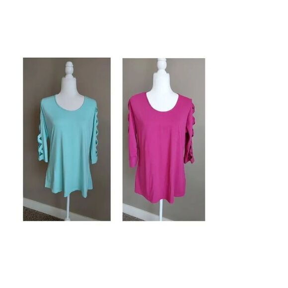 Two top bundle Sz M Denim 24/7 brand Fuschia and Lt Turquoise - Picture 1 of 11
